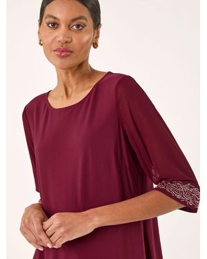 Roman Embellished Cuff Chiffon Shirt - Red