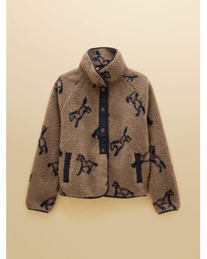 Joules Mink Horse Print Borg Fleece Jacket - Natural
