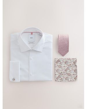Next Slim Fit Cotton Rich Shirt, Tie, Pocket Square And Cufflink Occassion Set - Pink