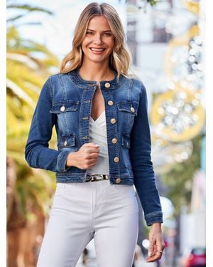Sosandar Round Neck Pocket Front Denim Jacket - Blue