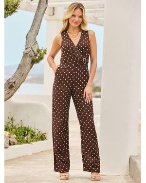Sosandar Spot Print Linen Blend V-Neck Detail Jumpsuit - Brown