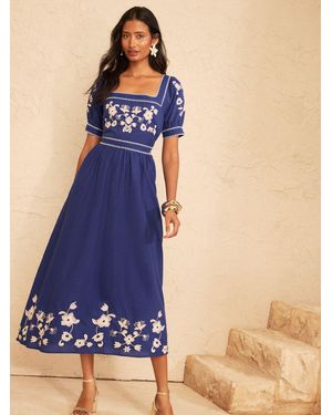 Love & Roses Floral Embroidered Puff Sleeve Midi Dress - Blue