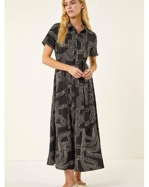 Roman Geo Linear Print Shirt Midi Dress - Black