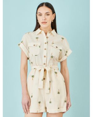 Yumi' Embroidered Palm Print Cotton Playsuit - Natural