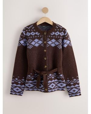 Next Chocolate/ Fairisle Button Through Belted Cardigan - Brown