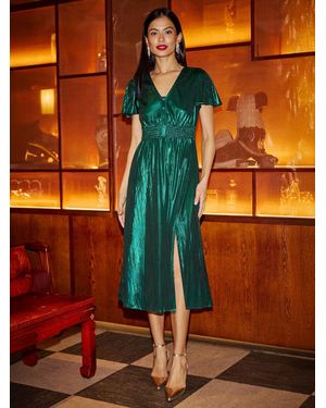 Yumi' Metallic Ruched Midi Dress - Orange