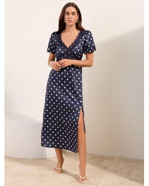Friends Like These Petite Lace Trim Puff Sleeve Midi Dress - Blue