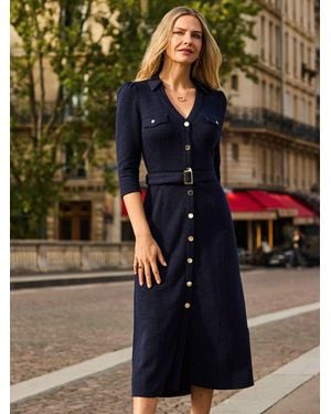 Sosandar Boucle Belted Fit & Flare Dress - Blue