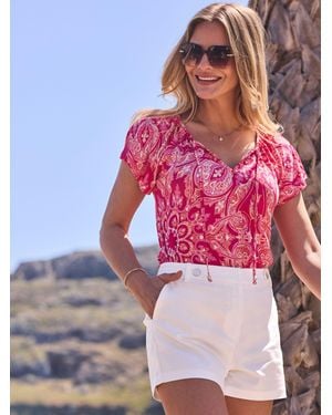 Sosandar Paisley Print Ruffle Sleeve Tie Neck Top - Pink