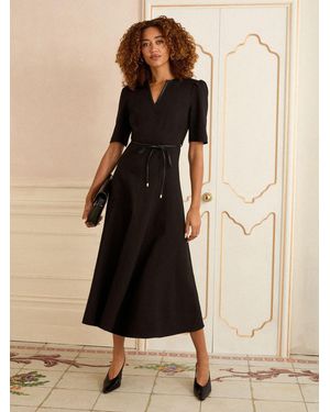 Love & Roses Petite Crepe V-Neck Pu Trim Midi Dress - Black