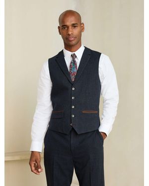 Next Regular Fit Nova Fides Italian Wool Blend Trimmed Textured Suit Waistcoat - Blue