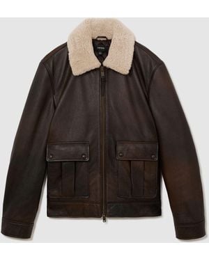 Reiss Ankara Burnished Leather Shearling-Collar Jacket - Black