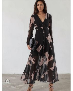 Religion Abstract Print Chloe Long Sleeved Maxi Dress With Button Detail - Gray