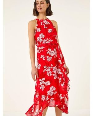 Roman Floral Print Frill Wrap Midi Dress - Red