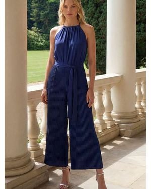 Roman Plain Pleated Halter Neck Jumpsuit - Blue