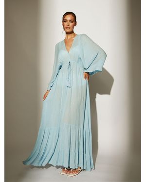 South Beach Metallic Kimono Sleeve Beach Maxi Dress - Blue