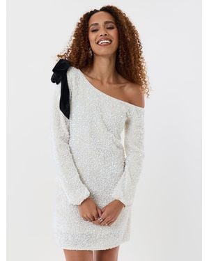 Threadbare Off Shoulder Sequin Slash Neck Dress With Bow Detail - White