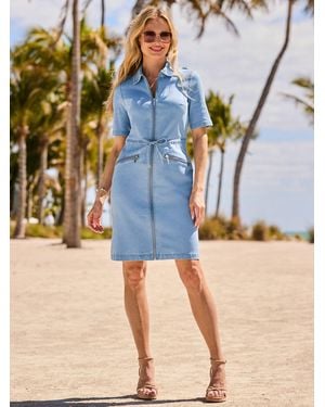 Sosandar Drawstring Waist Zip Front Denim Dress - Blue