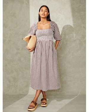 Jojo Maman Bébé Puff Sleeve Shirred Gingham Midi Dress - Natural