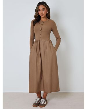 Threadbare 2-In-1 Jersey Poplin Mix Button Down Dress - Brown