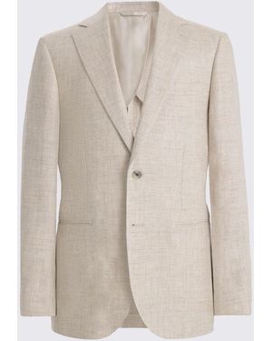 Moss Neutral Single Breasted Tailored Fit Delave Linen Suit Jacket - Natural