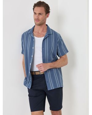 Threadbare Stripe Knitted Cotton Blend Short Sleeve Shirt - Blue