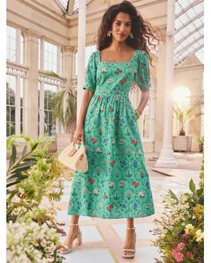 Love & Roses X Rhs Linen Puff Sleeve Midi Dress - Green