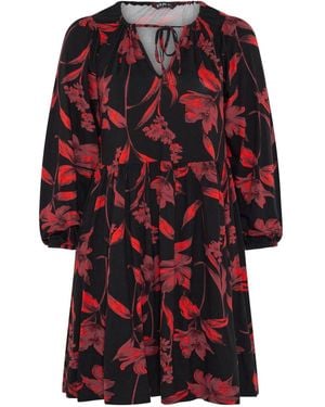 Yours Curve Floral Tie Front Dress - Red