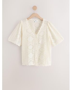 Next Lace V-Neck Short Sleeve Top - Natural