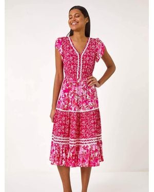 Roman Floral Print Constrast Stitch Midi Dress - Pink