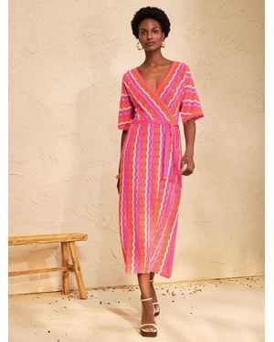 Love & Roses Petite Wrap Front Striped Detail Knitted Midi Dress - Pink