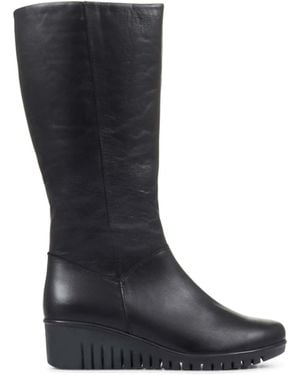 Pavers Ladies Leather Wedge Knee High Boots - Black