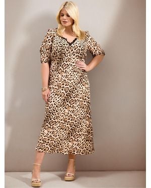 Live Unlimited Print V-Neck Lace Trim Short Sleeve Dress - Brown