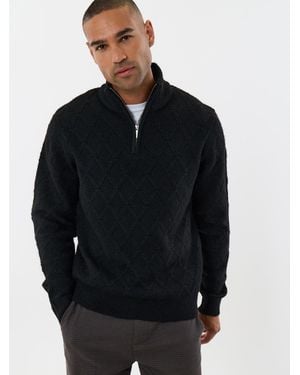 Threadbare Diamond Cable Knit Quarter Zip Sweater - Black