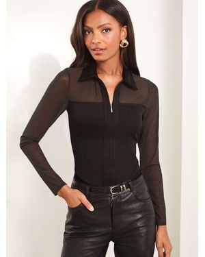 Lipsy Zip Front Jersey Rib Mesh Shirt - Black