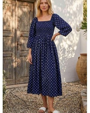 Roman Spot Shirred Midi Dress - Blue