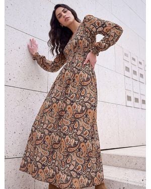 Roman Paisley Shirred Midi Dress - Green