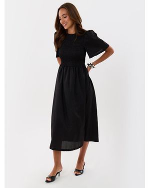 Threadbare Puff Sleeved Shirred Dress - Schwarz