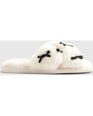 River Island Plush Cross Strap Embroidered Bow Slippers - Natural