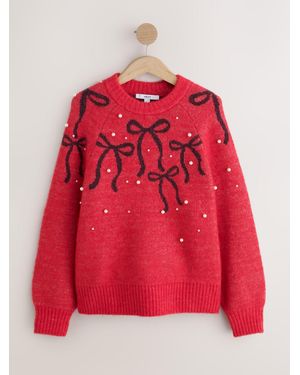 Next Long Sleeve Pearl And Bow Long Sleeve Knit Jumper - Red