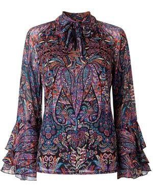 Joe Browns Boho Print Tie Neck Blouse With Ruffle Sleeve Detail - Purple