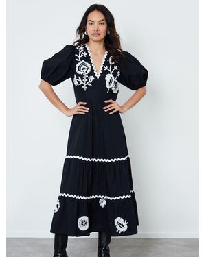ANOTHER SUNDAY Puff Sleeve 100% Cotton Embroidered Tiered Midi Dress - Blau