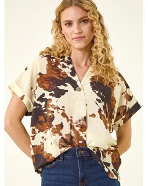 Roman Cow Print Pleat Top - Natural