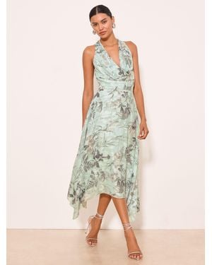 Lipsy Floral Script Print Cowl Neck Burnout Fit And Flare Midi Dress - Green