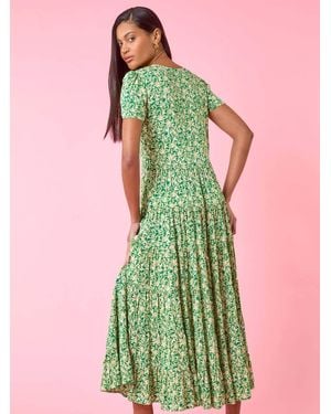 Roman Floral Print Ruched Sleeve Midi Dress - Green