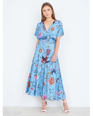 Yumi' Viscose Bird And Floral Print Midi Dress With Ruched Waist - Blue