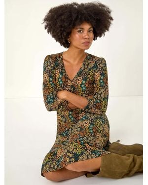 Roman Floral Print V-Neck Stretch Dress - Natural