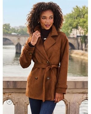 Sosandar Faux Suede Mid Length Trench Coat - Brown