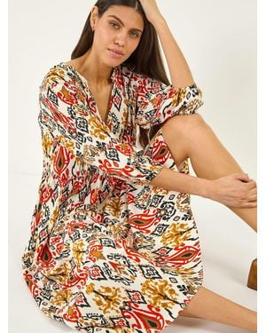 Roman Abstract Print Empire Waist Midi Dress - Orange