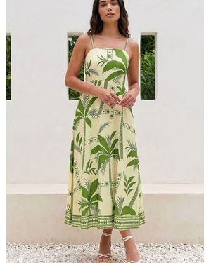 Roman Strappy Palm Print Midi Dress - Green